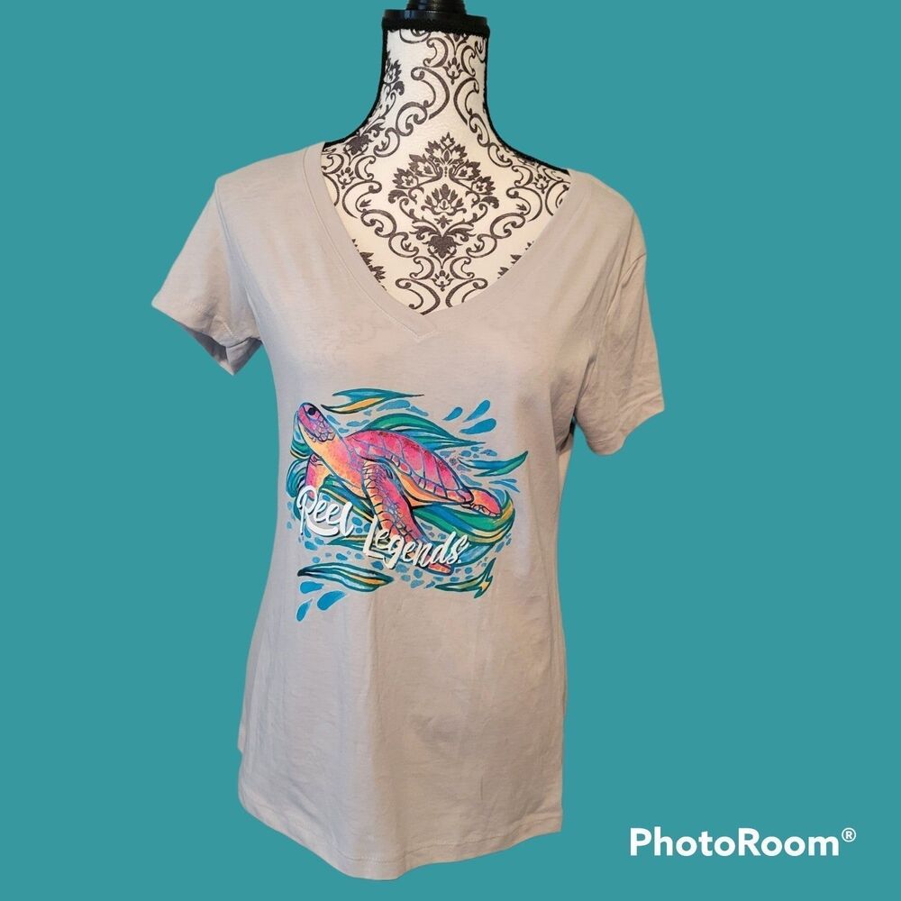 Reel Legends Sea Turtle Graphic T Shirt Grey Taupe Coastal Beach